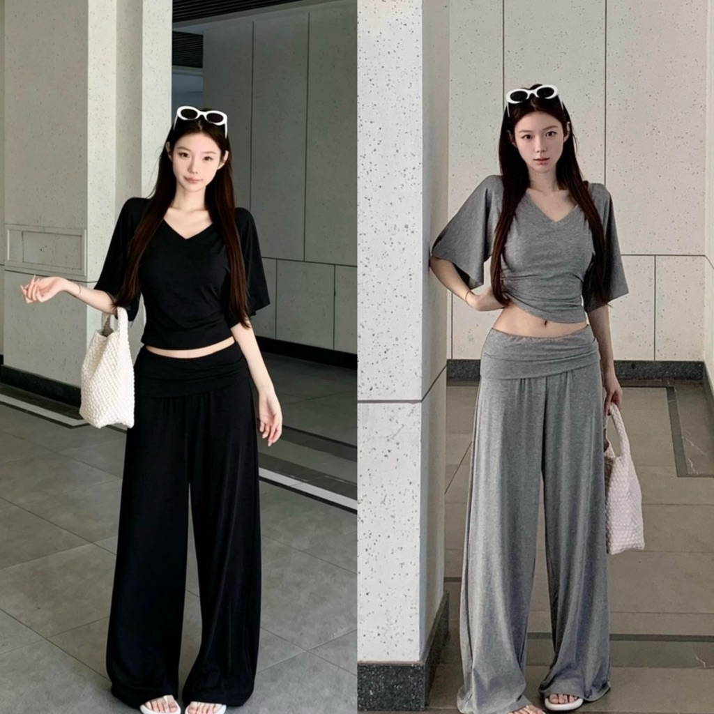 10353# Set 2 pcs เสื้อคอวี แขนสั้น + กางเกงขายาว เอวพับ เนื้อผ้าดี งานสวย  TAG:WG.WE 🇰🇷