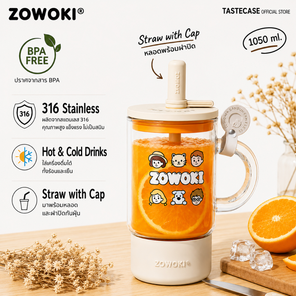 Zowoki BL6B-1050 กระบอกน้ำ แก้วกาแฟ พร้อมหลอด เกรดพรีเมี่ยม ความจุ 1050 ml.