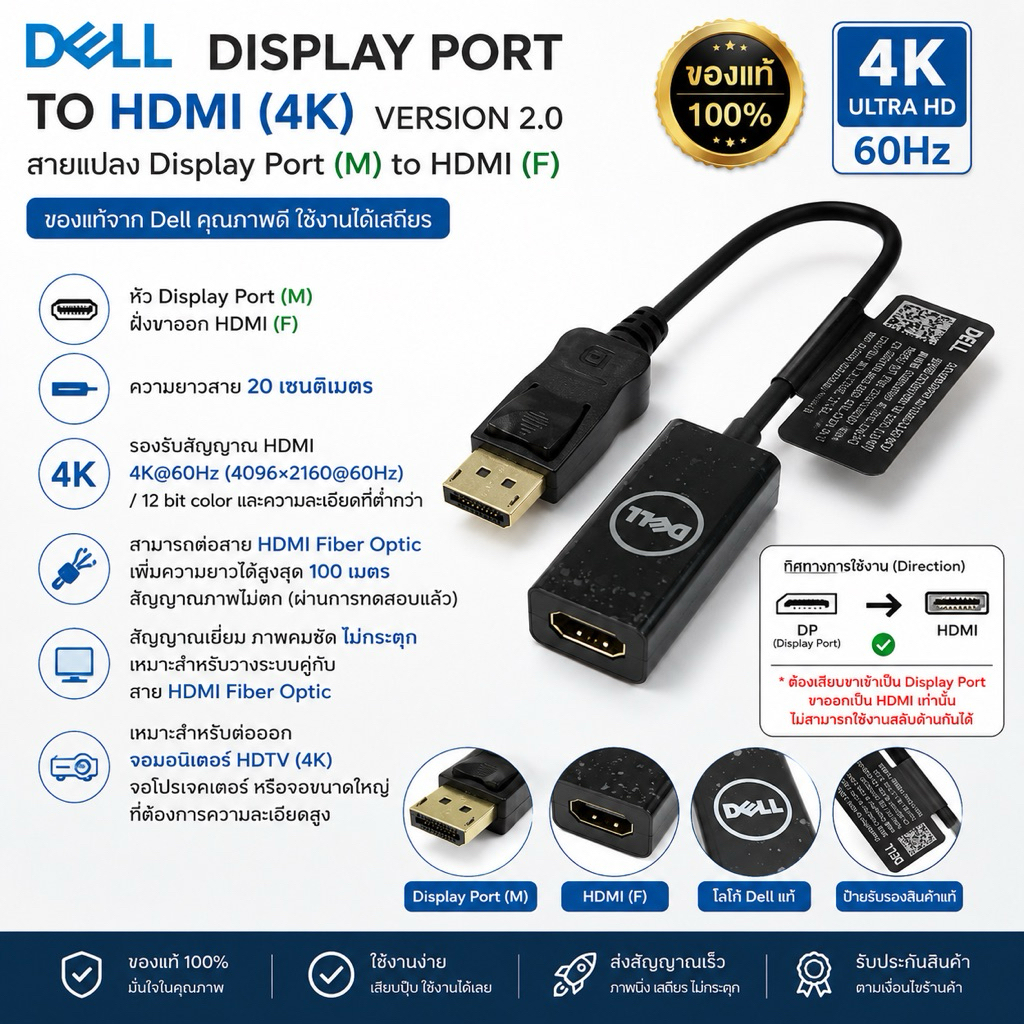 Dell DisplayPort to HDMI 2.0 (4K) ของใหม่ แท้ ตรงรุ่น ราคาพิเศษ‼️