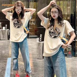 (กรุงเทพจัดส่งสินค้า)เสื้อยืดคอกลมแขนสั้นหลวมสไตล์เกาหลีสำหรับผู้หญิง -ผ้าฝ้ายบริสุทธิ์