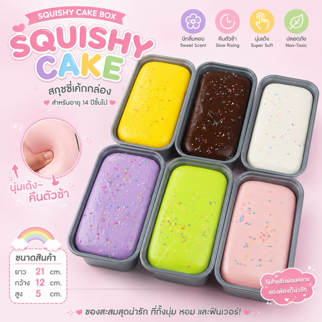 พร้อมส่งในไทย สกุชชี่เค้กกล่อง Reboundช้า ของเล่นคลายเครียด