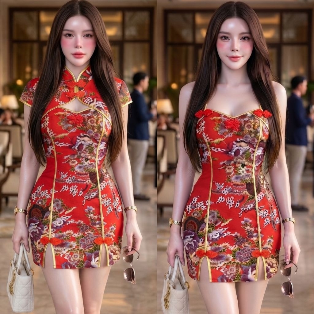 กี่เพ้าเดรสสั้นลายไทยผ้าเนื้อดีทรงสวย