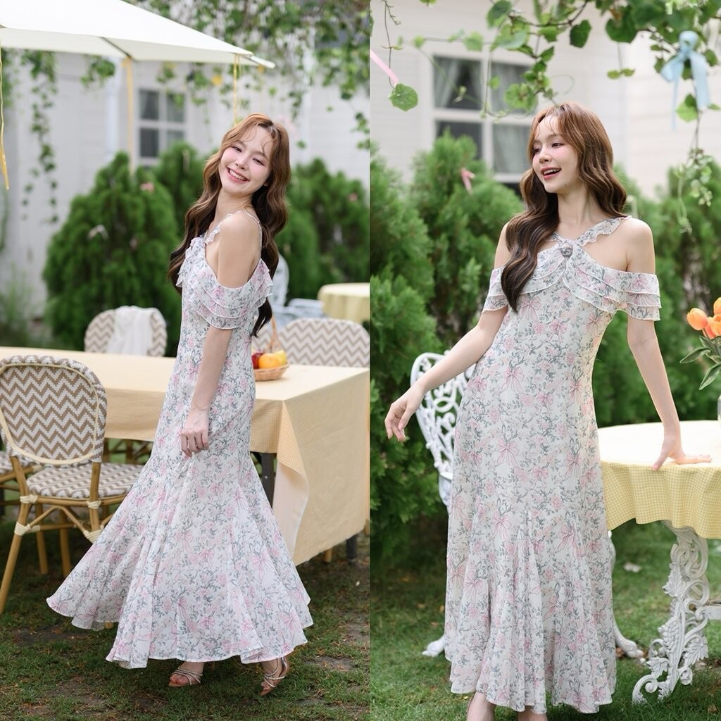 (Size L)🌸 #25012 Coquette Bow Off-Shoulder Maxi Dress