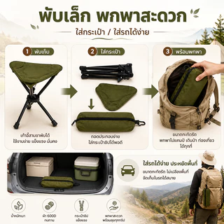 WTHB เก้าอี้แคมป์ปิ้ง พับได้ หมุนได้ 360° พกพาสะดวก รับน้ำหนัก 200kg พร้อมถุงเก็บ ใช้ได้ทั้งในร่มและ
