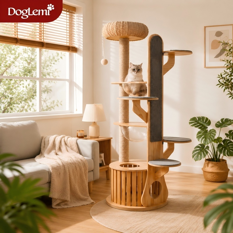 【Doglemi】 คอนโดแมวไม้แท้ 190CM หลุมอวกาศใสขนาดใหญ่ เสาลับเล็บซิซอล บ้านแมวหลายชั้น แข็งแรง รับน้ำหนักดี ดีไซน์หรู