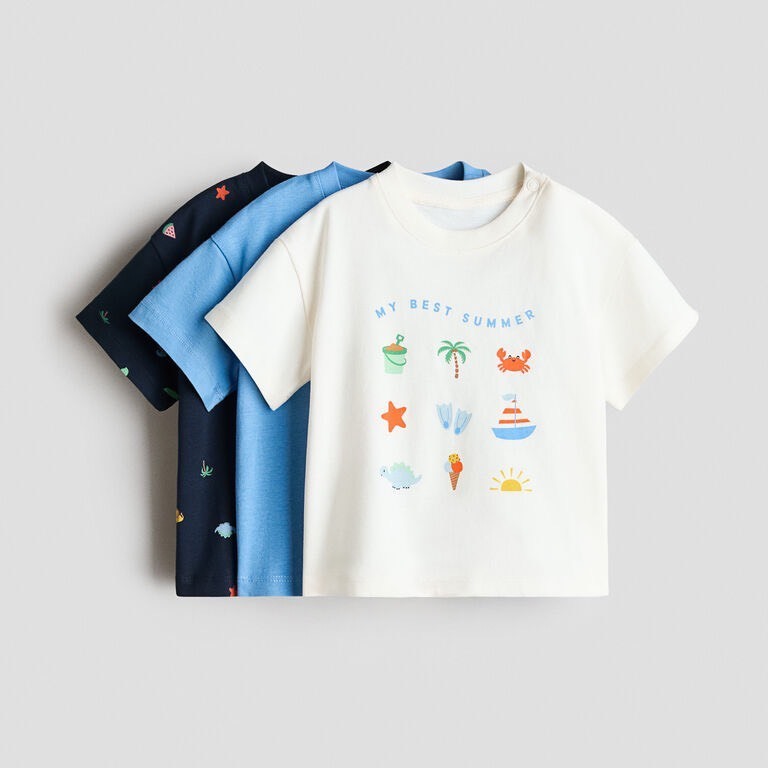 H&M เสื้อยืดคอตตอน 3 ชิ้น มีกระดุมคอ ไซด์ 4-6 เดือน