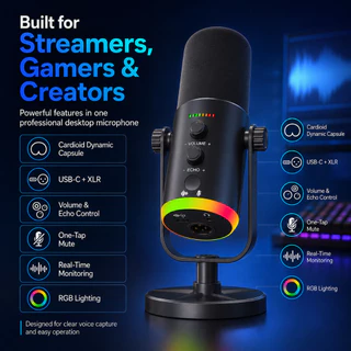 MIRO YU7 ไมโครโฟนไดนามิ Condenser Mic ไมโครโฟนตั้งโต๊ะ ไฟ RGB ระบบตัดเสียงรบกวนอัจฉริยะ สําหรับ สตรีมมิ่ง บันทึกเสียง