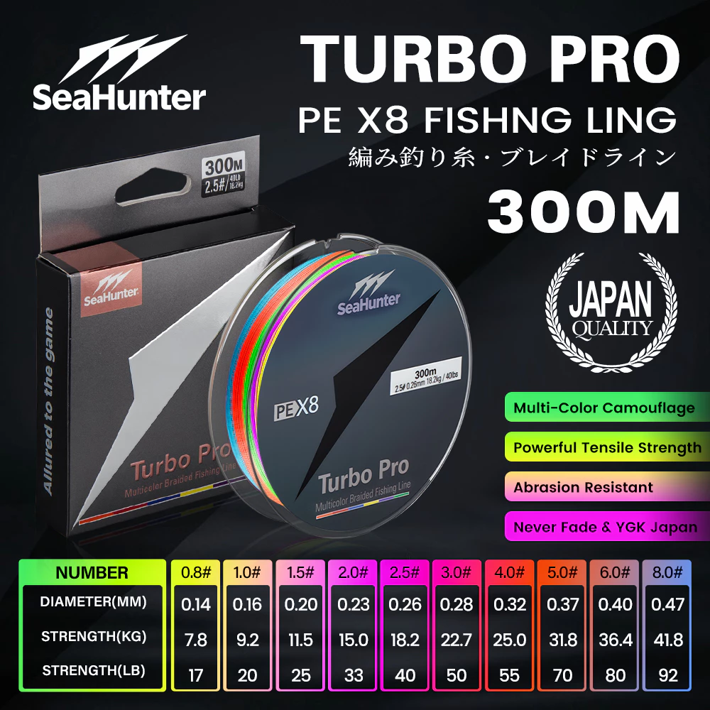 SeaHunter Turbo Pro สาย PE ถัก 8 เส้น หลากสี ยาว 300M แรงดึง 7.8–41.8กก. ลื่น แบ่งสีทุก 10M เบอร์ 0.8-8.0 เหนียว ทนทาน