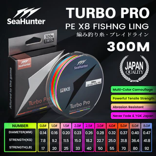 SeaHunter Turbo Pro สาย PE ถัก 8 เส้น หลากสี ยาว 300M แรงดึง 7.8–41.8กก. ลื่น แบ่งสีทุก 10M เบอร์ 0.8-8.0 เหนียว ทนทาน