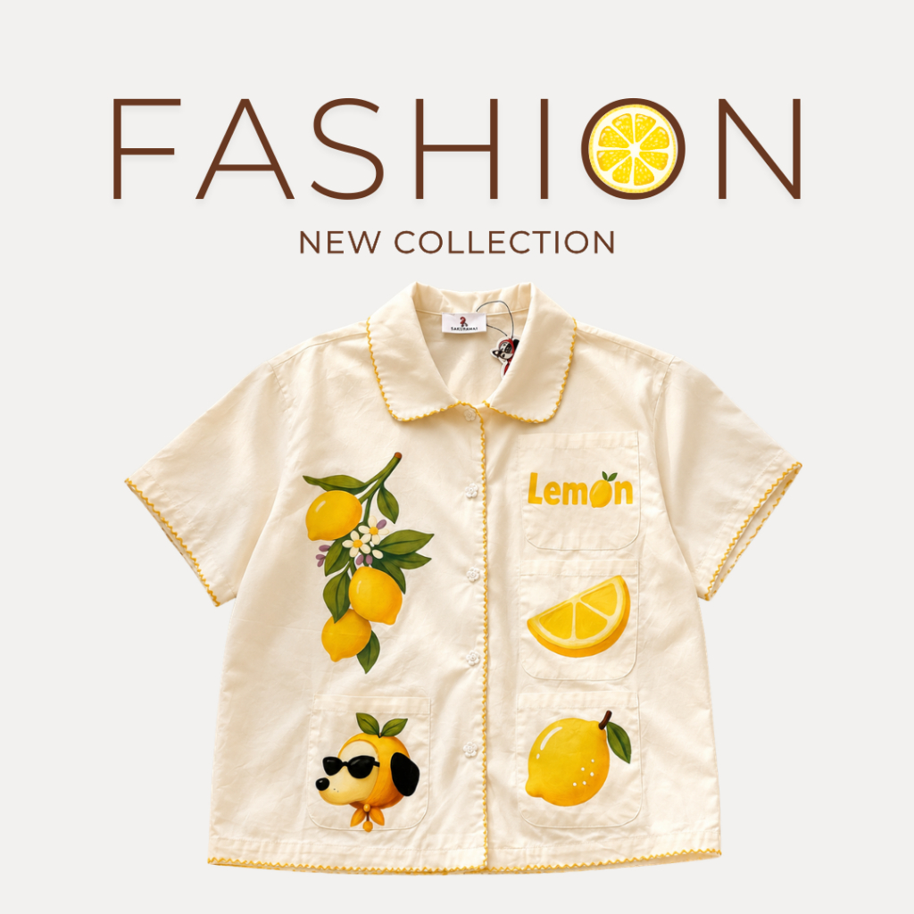 เสื้อเชิ้ตแขนสั้น สกรีนลายน้องหมา,Lemon แต่งกระดุมดอกไม้