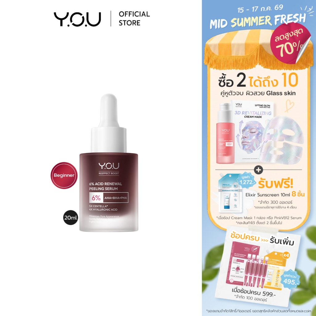 YOU 6% Acid Renewal Peeling Serum 20ml เซรั่มผลัดเซลล์ผิวเข้มข้น 6% AHA BHA กระชับรูขุมขน ลดสิว ผิวกระจ่างใส เซรั่มแดง