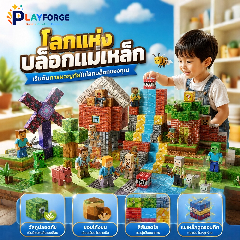 บล็อกแม่เหล็ก Pixel World 3D DIY ของเล่นสร้างสรรค์ ต่อประกอบโลกบล็อก บ้าน เมือง และฉากผจญภัย