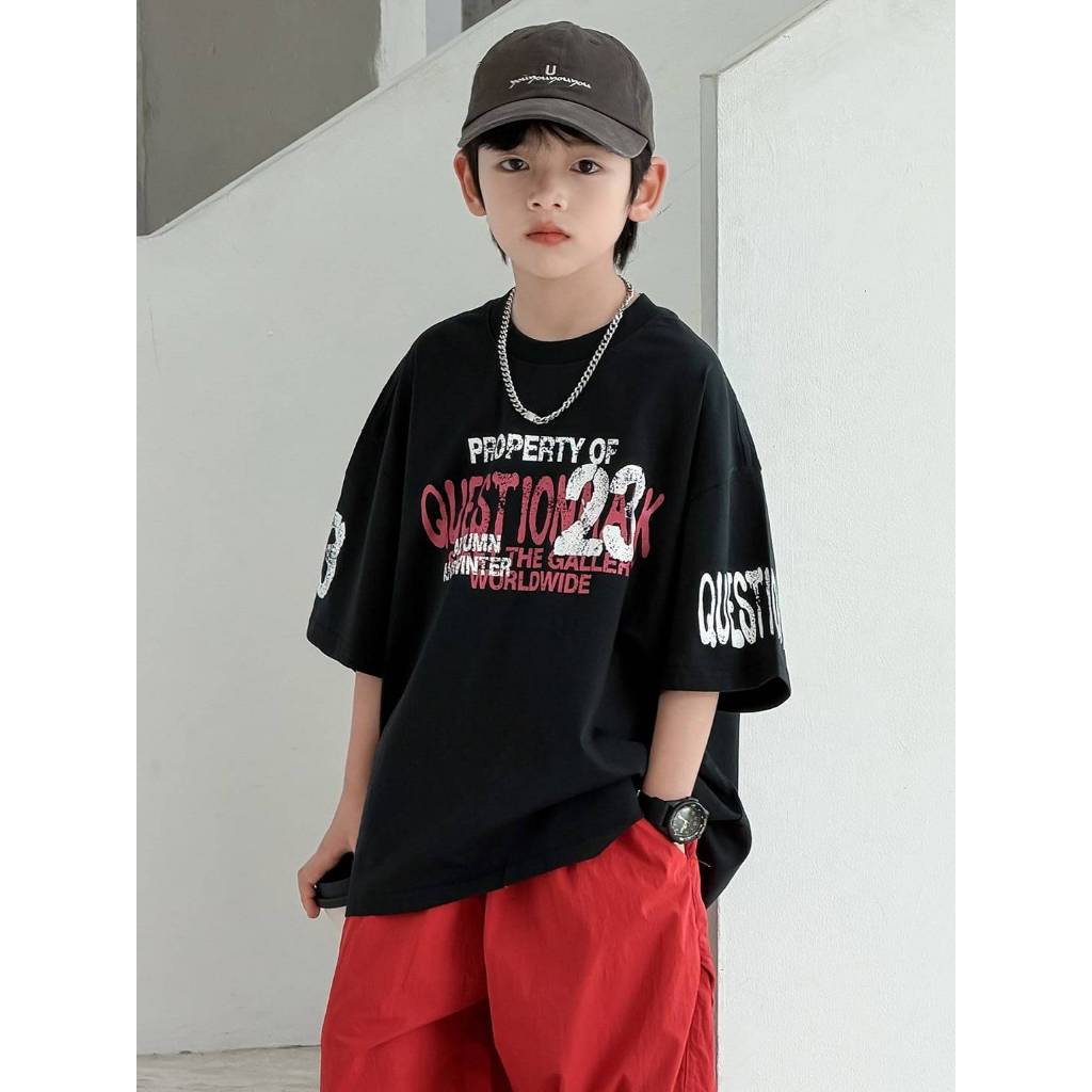 [ส่งไวจากไทย] *แค่เสื้อ* เสื้อยืดแขนสั้นเด็ก เสื้อยืดเด็กโต ทรงโอเวอร์ไซส์ สกรีนลายกราฟฟิค สีดำ เท่ๆ เหมาะสำหรับ 5-14 ปี
