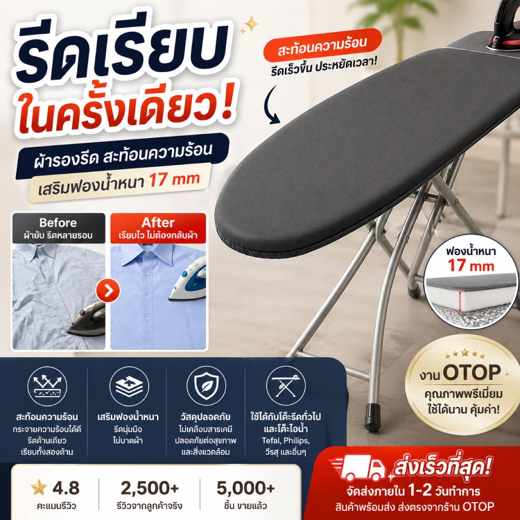 ผ้ารองรีด สะท้อนความร้อน ฟองน้ำหนา 17 มม. รีดเรียบเร็ว ประหยัดเวลา ใช้กับโต๊ะรีด Tefal Philips ทุกยี่ห้อ | OTOP