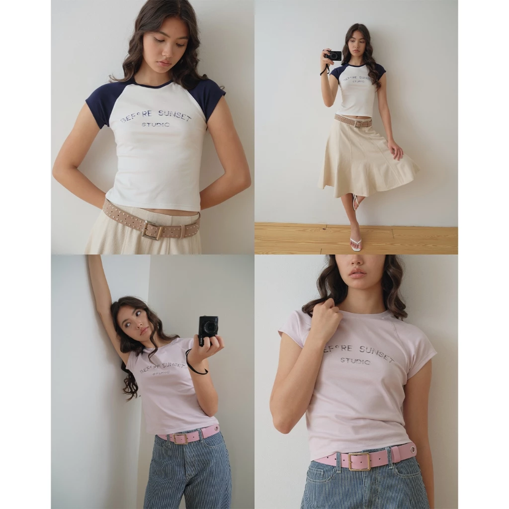 Before Sunset | Rise Tee Signature Edition | เสื้อทรง baby tee ไหล่ปาด สกรีนโลโก้แบรนด์