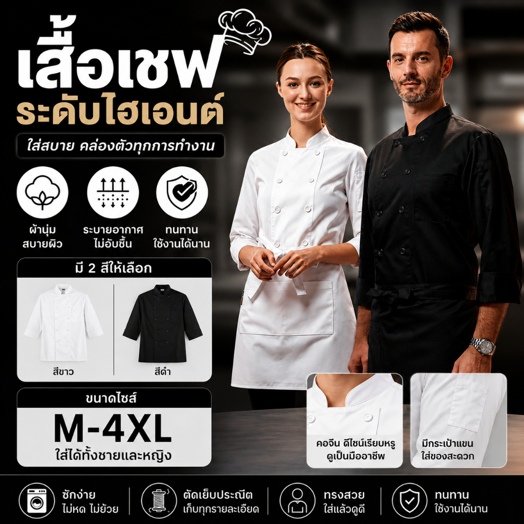 เสื้อเชฟ แขนสั้น ผ้าคุณภาพดี สีขาว/สีดำ สำหรับเชฟ ร้านอาหาร โรงแรม ยูนิเซ็กซ์ พร้อมส่ง