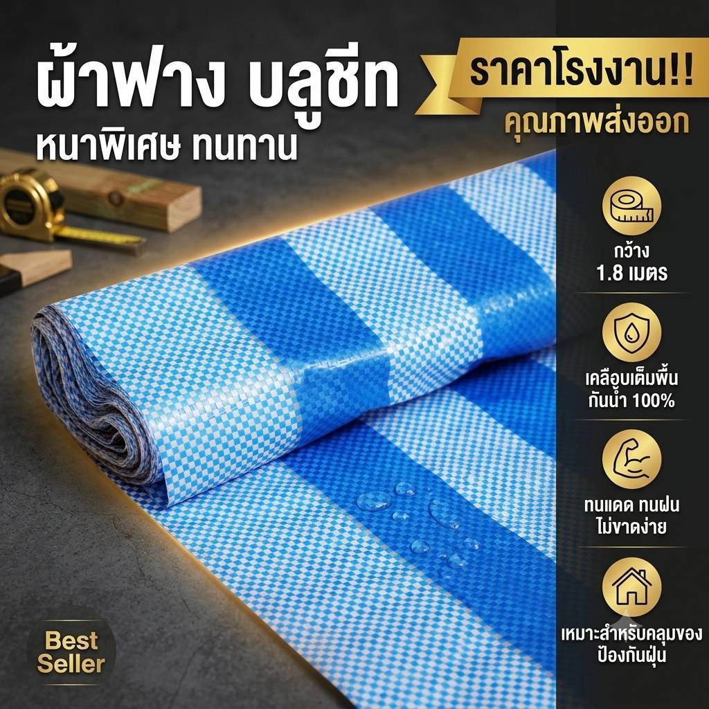 ผ้าฟางบลูชีท สีฟ้า-ขาว กว้าง 1.8 เมตร คุณภาพสูง 25หลา