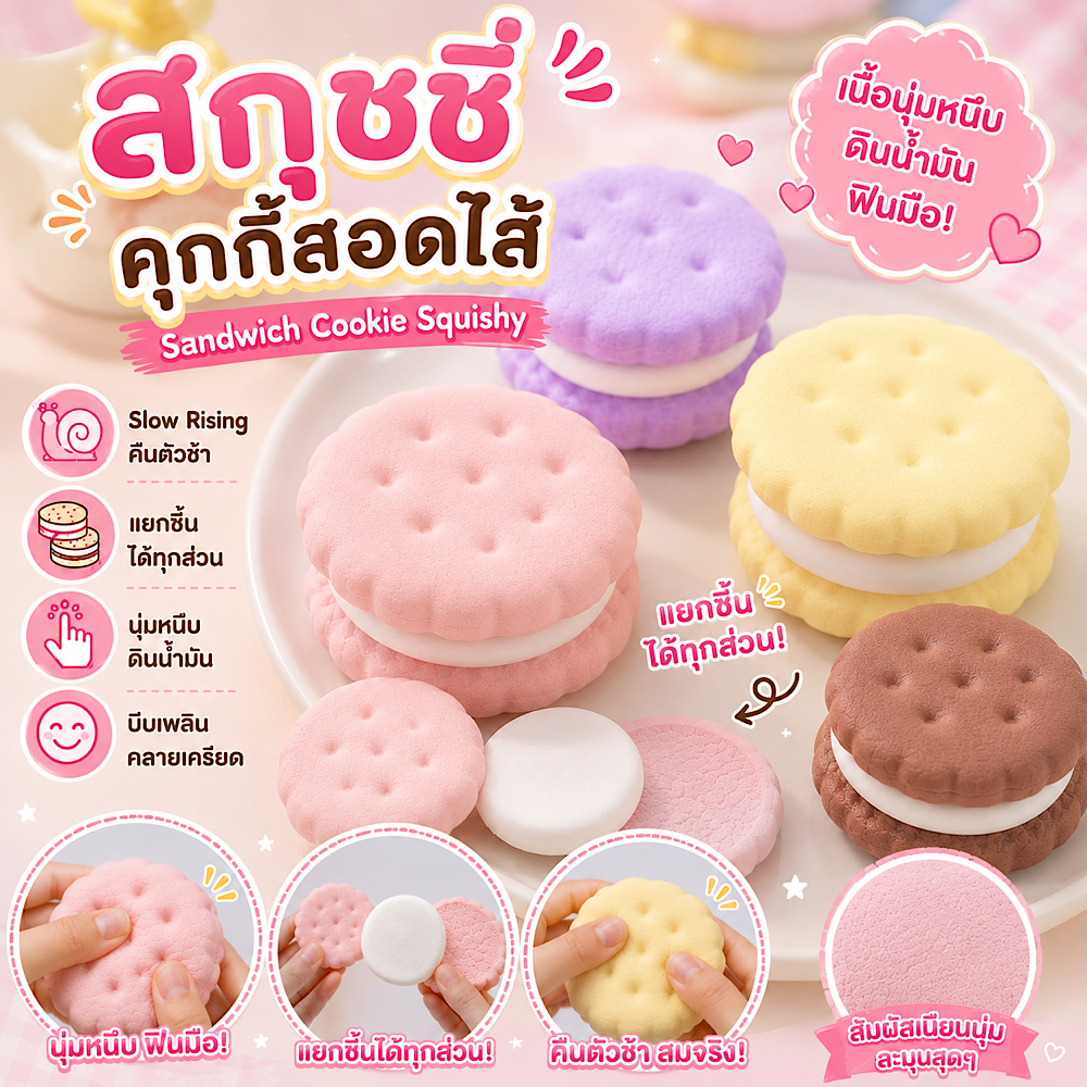 พร้อมส่งจากไทย🇹🇭 สกุชชี่คุกกี้สอดไส้ | Squishy Slow Rising เนื้อนุ่มหนึบ คืนตัวช้า ของเล่นบีบคลายเครียด