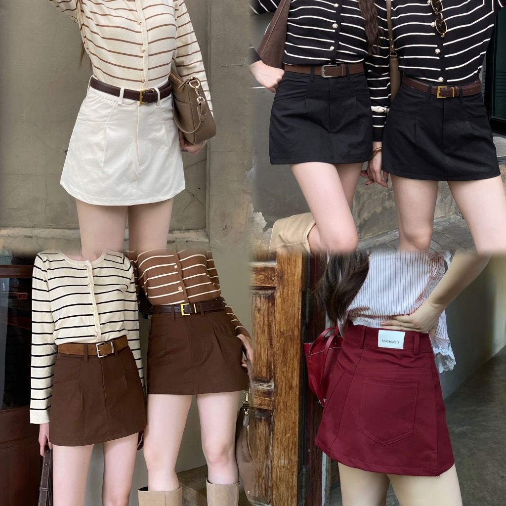 MINI SEOUL SKIRTS กระโปรงกางเกงยีนส์ป้ายหนัง ดำ/ครีม/โกโก้/แดงไวน์