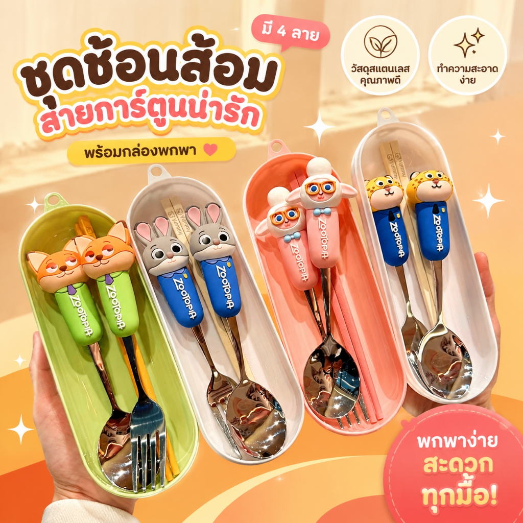 ส่งจากไทย ชุดช้อนส้อมตะเกียบสแตนเลส 304 ลายซูโทเปีย จูดี้ น่ารัก มีช้อนซุป เครื่องครัว ของขวัญน่ารัก