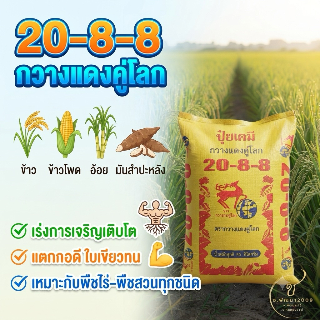 🌱 ปุ๋ย สูตร  20-8-8 กวางแดงคู่โลก 50กก. บำรุงต้น ใบ ราก แข็งแรง 💪