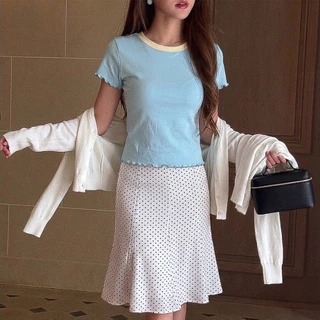 cherryshop พร้อมส่ง เสื้อยืดผู้หญิงแขนสั้นคอกลมสไตล์เกาหลีมินิมอลแบบสลิมผสมสีสำหรับหน้าร้อน
