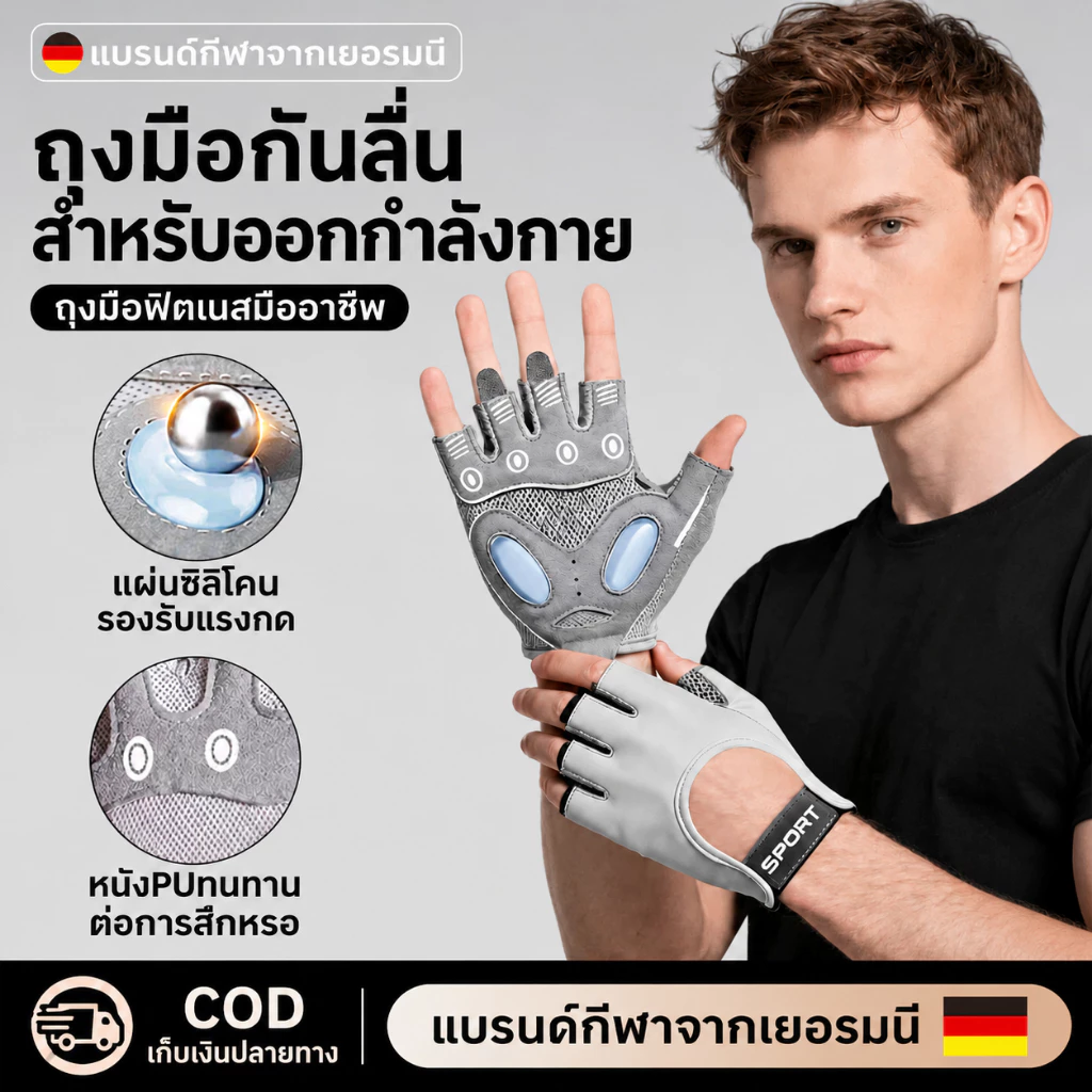 【คุณภาพเยอรมัน】ถุงมือฟิตเนส ถุงมือออกกำลังกาย กันลื่น กันกระแทก ใส่ป้องกันการบาดเจ็บ ถุงมือยกน้ำหนัก แก้มือเคล็ด