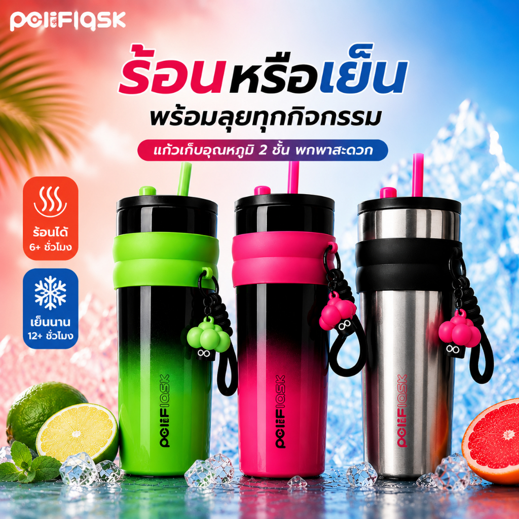 Peliflask แก้วน้ำสแตนเลสแก้วกาแฟพกพา ถ้วยเก็บความร้อน แก้วเก็บความเย็น  ถ้วยฟาง มีเชือกคล้องแบบพกพา 710ML
