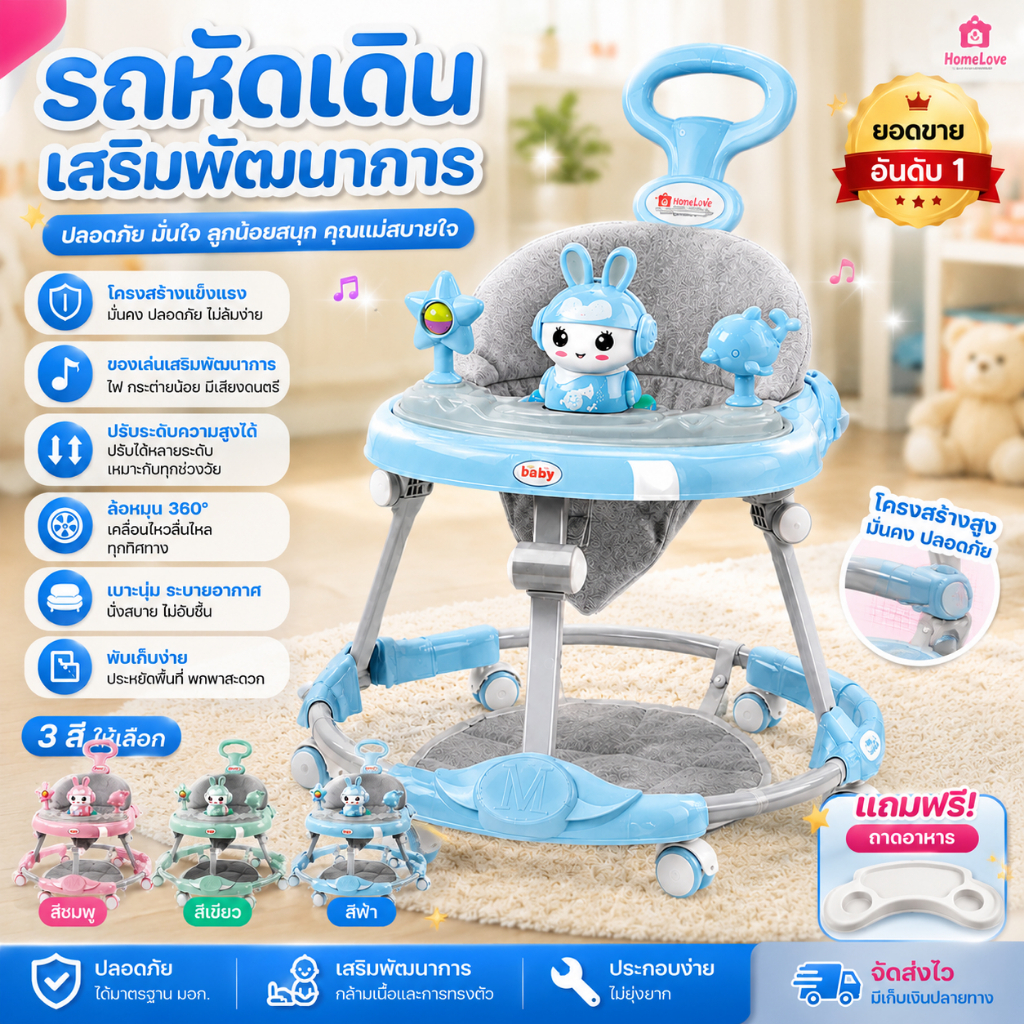 รถหัดเดิน มีเสียง พับได้ มีเพลง มีไฟ รถหัดเดินเด็กรถหัดเดินเด็ก 2in1 ปรับเป็นผลักเดินได้ รถเด็กหัดเดิน มีถาดของเล่น