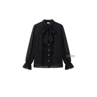 Cheryl brand - Elodie Ruffle Bow Blouse in Ivory & Black / เสื้อแขนยาวผ้าชีฟอง