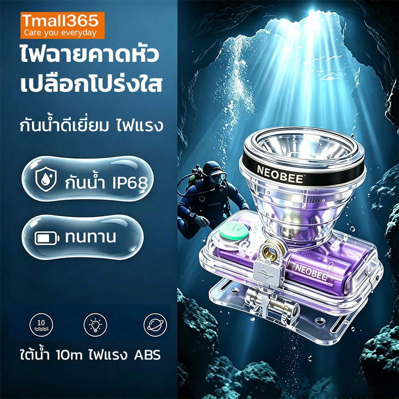 NEOBEE ไฟฉายคาดหัว LED ปรับแสง กันน้ำได้ IP68 ไฟแรงส่องไกล สามารถใช้ได้ทั้งใต้น้ำและบนบก
