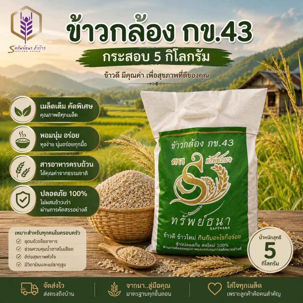 ข้าวกล้องกข43 กระสอบ5กิโลกรัม ตราทรัพย์ธนา ข้าวใหม่ อร่อย