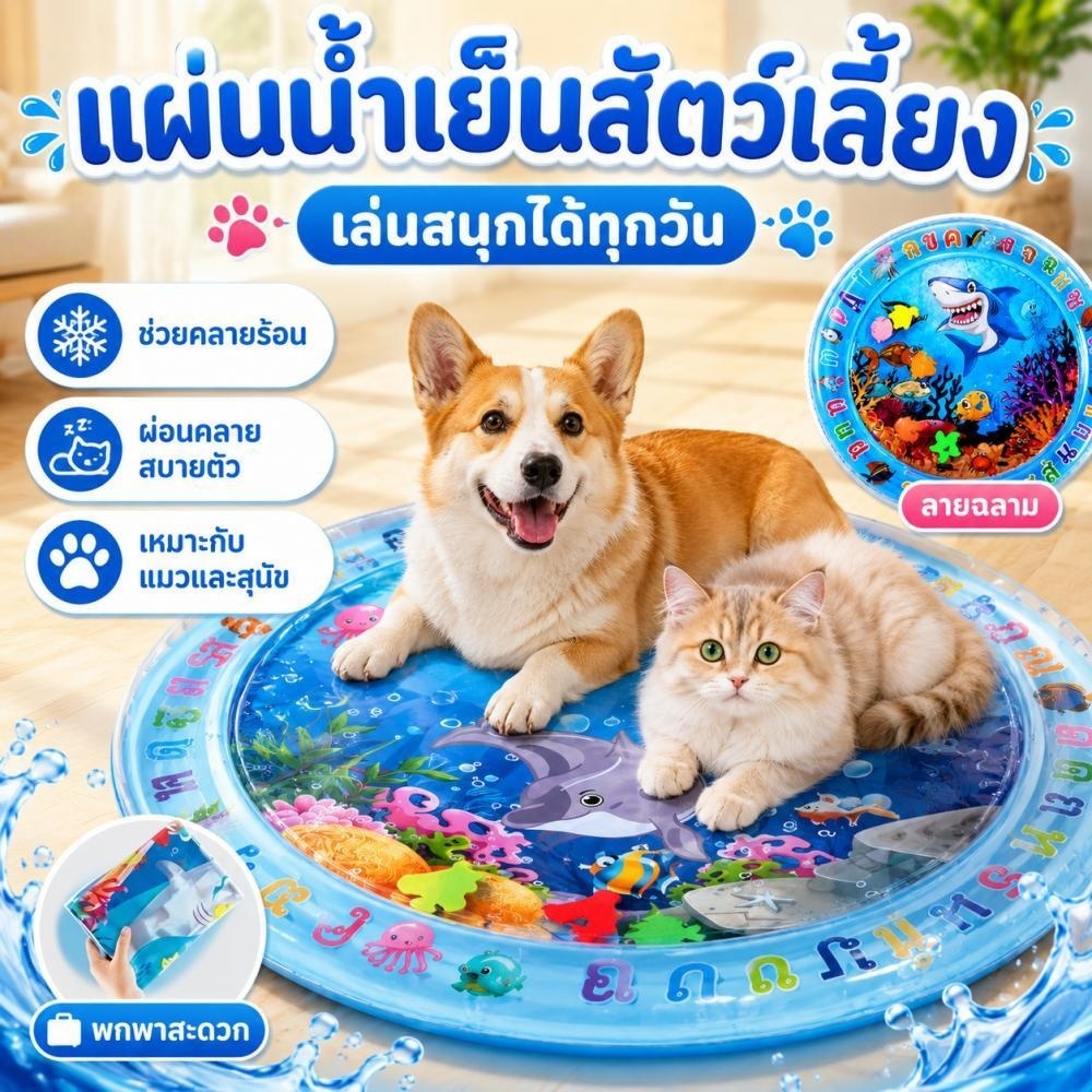 พร้อมส่ง COD แผ่นรองเล่นน้ำสัตว์เลี้ยง แผ่นน้ำเป่าลม  เบาะน้ำสุนัข แผ่นเย็นแมว ของเล่นแมว ลายฉลาม