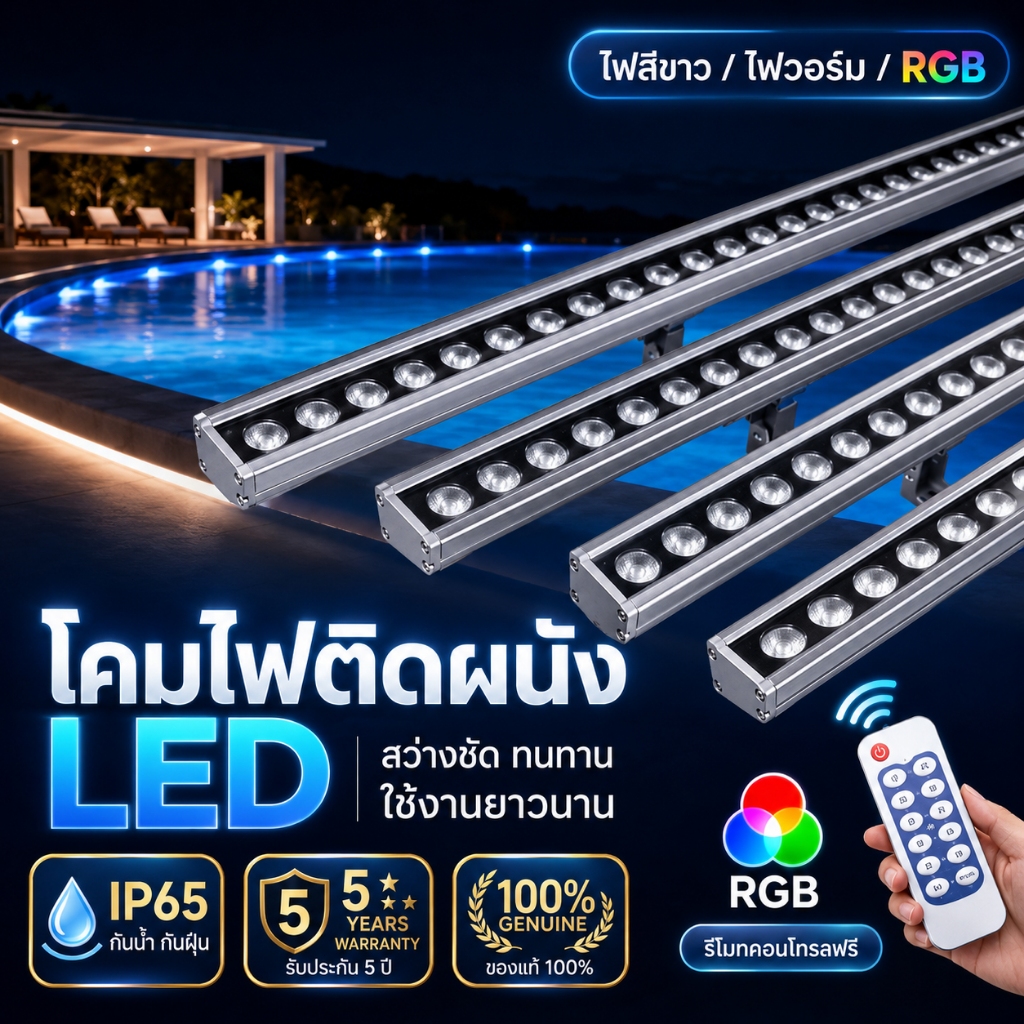 ไฟส่องผนัง LED RGB เปลี่ยนสีได้ พร้อมรีโมท กันน้ำ IP65, เหมาะสำหรับสวน บ้าน อาคาร รั้ว โรงแรม แข็งแรง ติดตั้งง่าย
