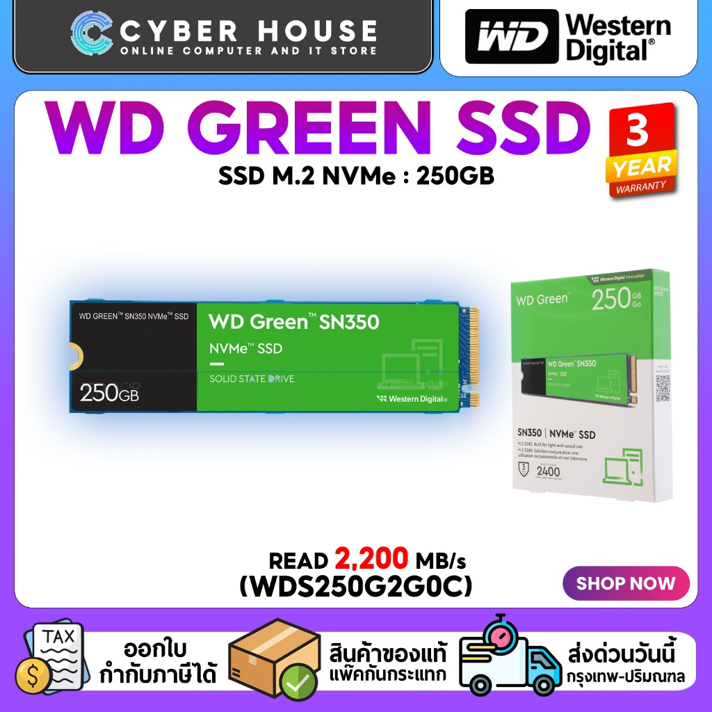 WD 250 GB M.2✅WD SN350 250GB M.2 NVMe🌀ความเร็วสูงสุดอ่าน/เขียน 2,400 / 1,500 MB/s🟢 (WDS250G2G0C)