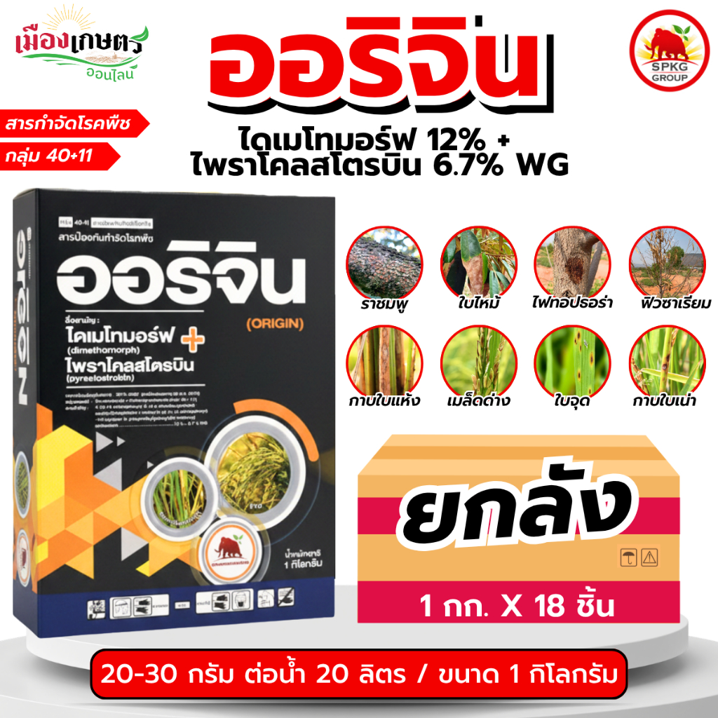 (ยกลังX18) ออริจิน 1 กิโลกรัม SPKG ไดเมโทมอร์ฟ 12% + ไพราโคลสโตรบิน 6.7% WG จบปัญหาเชื้อรา ครบจบในกล่องเดียว