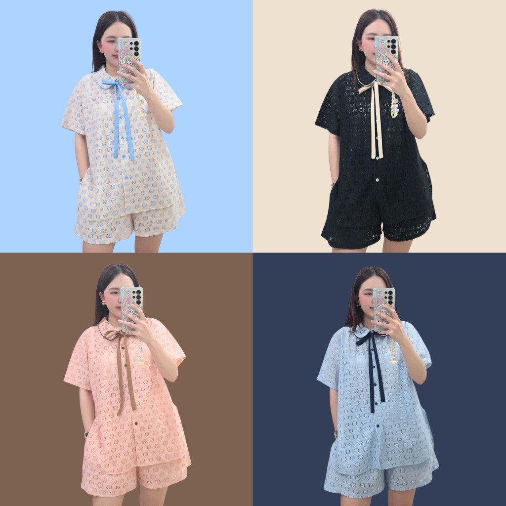 Rosalie Set ชุดเซ็ทเสื้อ+กางเกง ผ้าตาข่ายลายปักดอกไม้ กางเกงมีซับใน มีเชือกให้