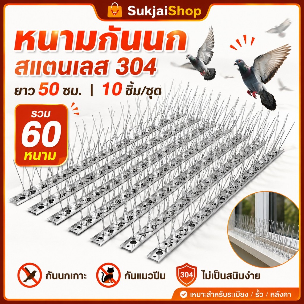 หนามกันนก สแตนเลส 304 ยาว 50 ซม. 10 ชิ้น รวม 60 หนาม ไล่นก กันนกเกาะ สำหรับระเบียง หลังคา รั้ว และคอนโด