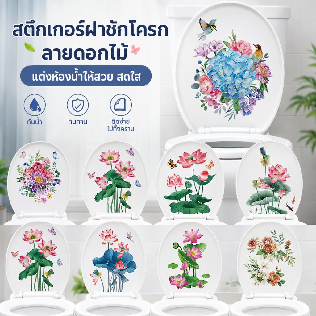 Luxe-T สติกเกอร์ WC สติ๊กเกอร์ติดผนังลายดอกไม้สำหรับห้องน้ำฝาห้องส้วมสติ๊กเกอร์มีกาวในตัวภาพจิตรกรรมฝาผนังตกแต่งบ้าน COD