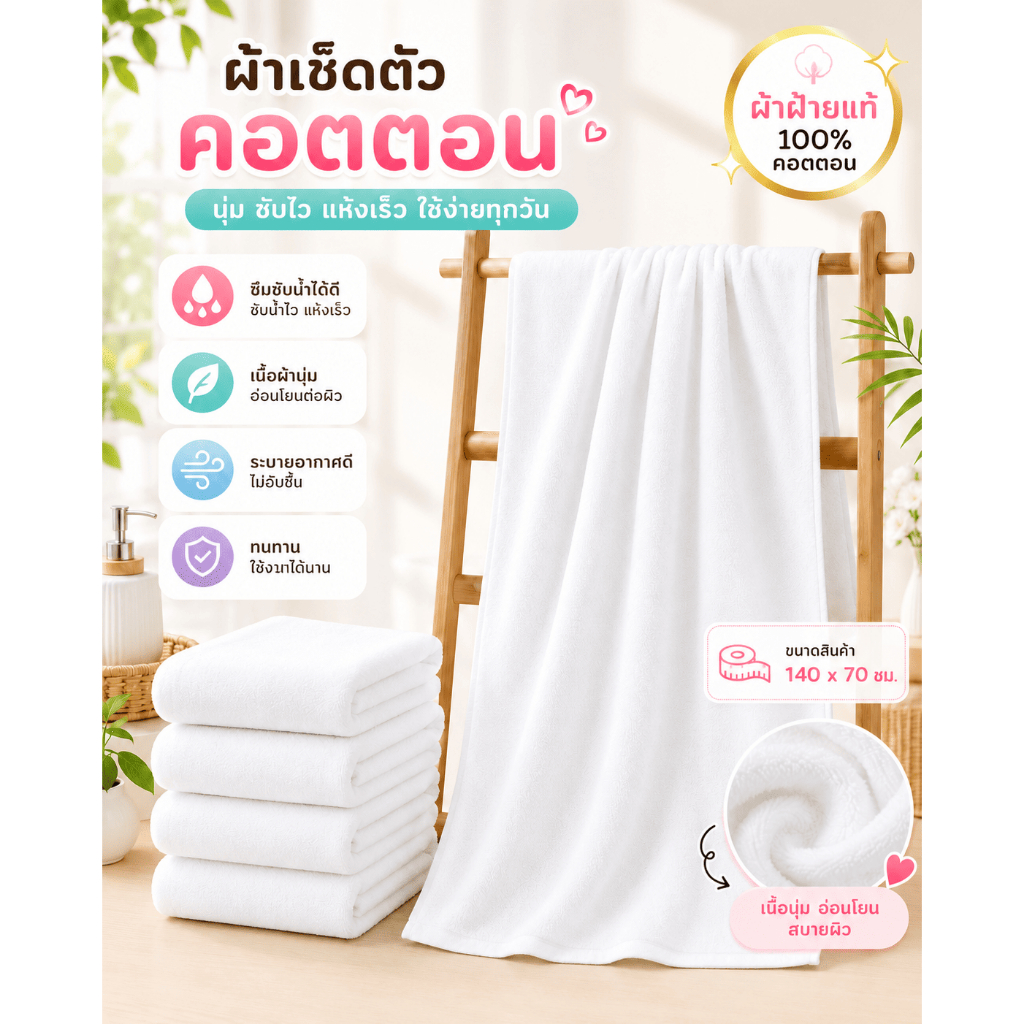 YJM-03 【400กรัม ขนาด 140x70 ซม 】ผ้าเช็ดตัว ผ้าขนหนู เกรดโรงแรม5ดาว รุ่นพรีเมี่ยม คอตตอน Cotton 100%