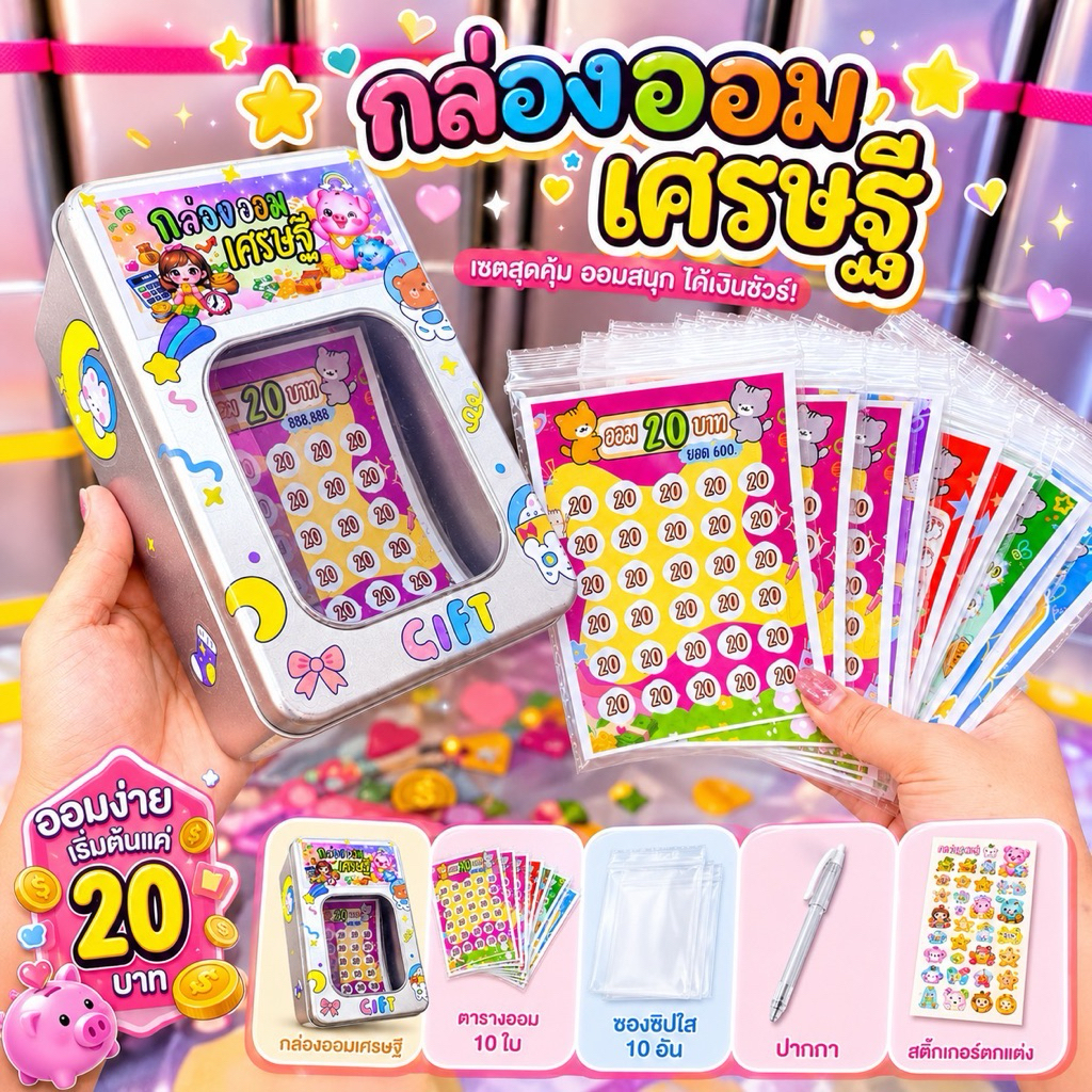 เซตกล่องออมเงินเศรษฐี พร้อมตารางออม10ใบ สติ๊กเกอร์น่ารัก ปากกา กันชื้น