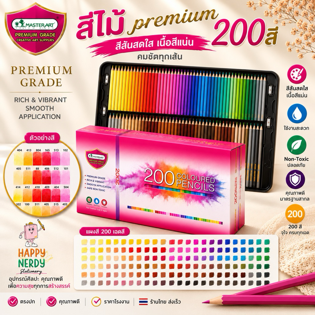Master Art สีไม้ ดินสอสีไม้ แท่งยาว 200 สี รุ่นใหม่ จำนวน 1 กล่อง