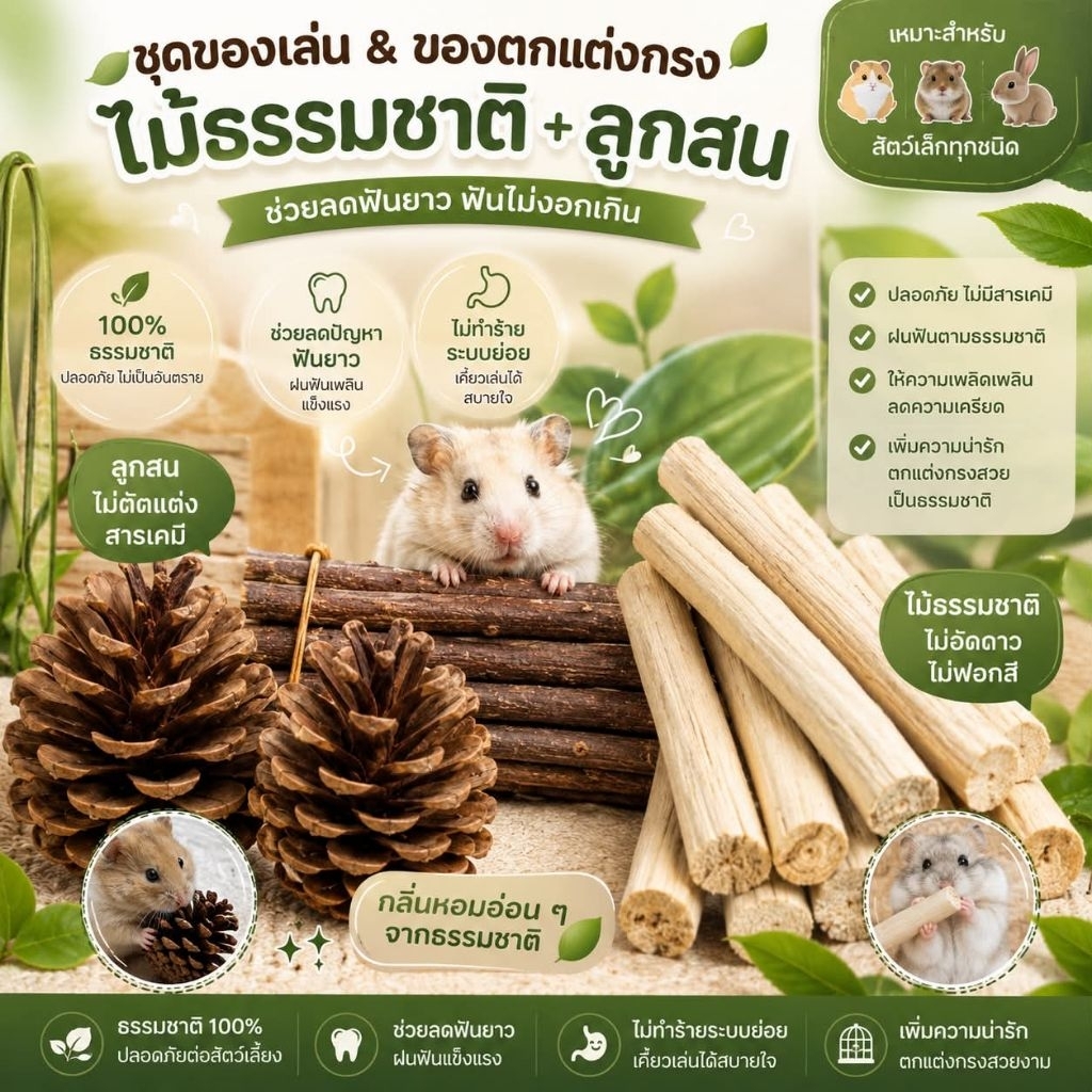 Hamu (ขั้นต่ำ 30 บาท)เซ็ตลับฟัน ไม้ลับฟันสัตว์เลี้ยง ไม้แอปเปิ้ล ไผ่หวาน ลูกสน แก้ปัญหาฟันยาว คลายเครียด แฮมสเตอร์