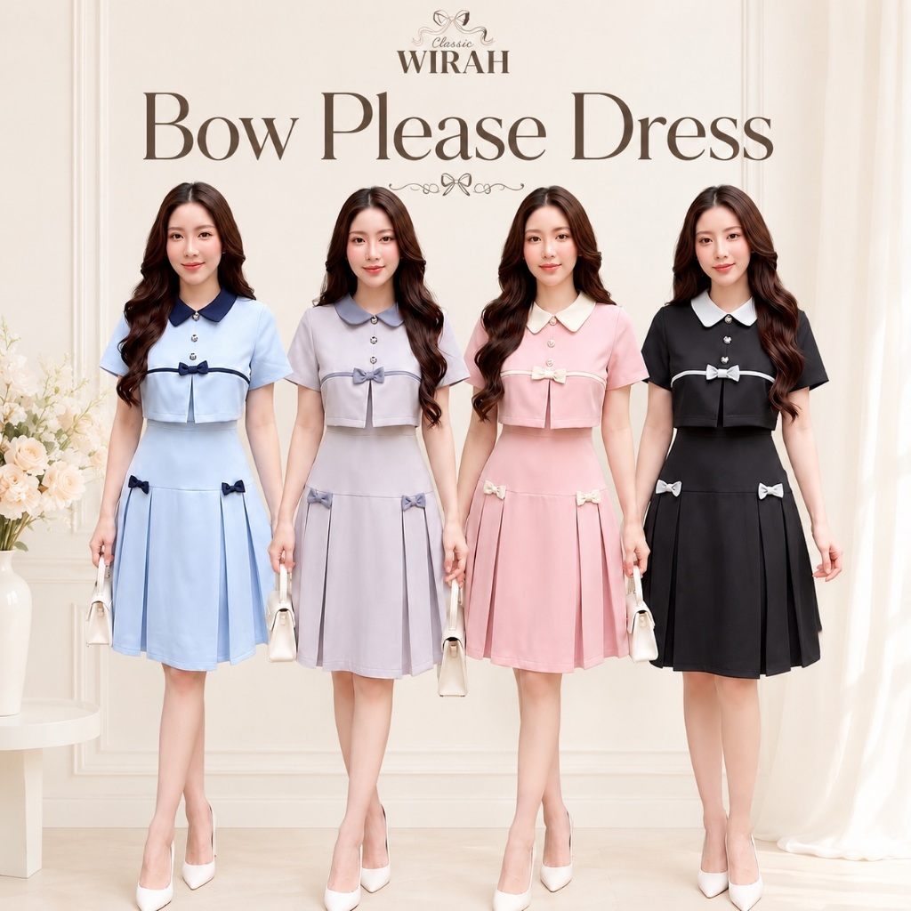 DW489 Bow Please ชุดเดรสสุดน่ารักสไตล์ลูกคุณหนู ดีไซน์คอปกแต่งกระดุมหน้าและโบว์สุดหวาน