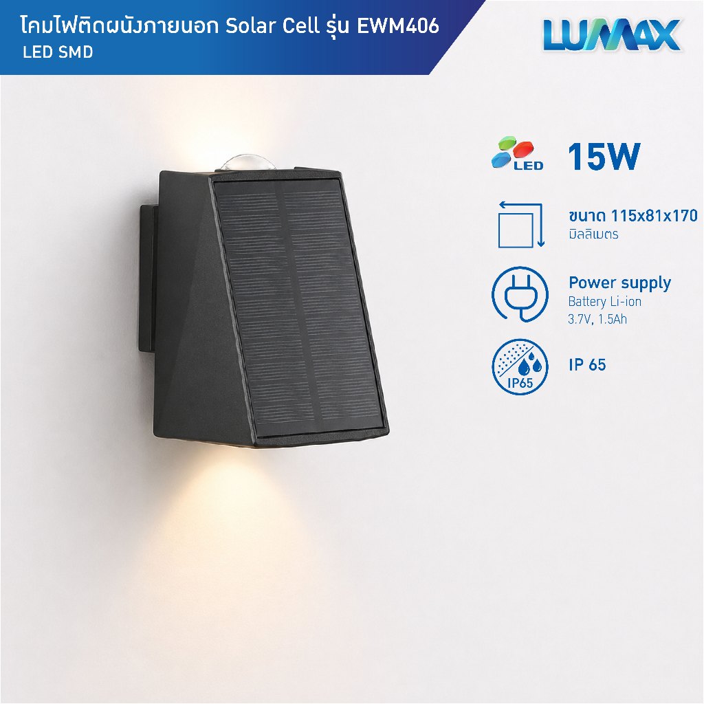 [1 แถม 1] LUMAX SOLAR WALLMOUNT โคมไฟติดผนังโซล่าเซลล์LED 15w กันน้ำระดับIP65 แสง Warmwhite รุ่น EWM406 (กด 2 ชิ้น))