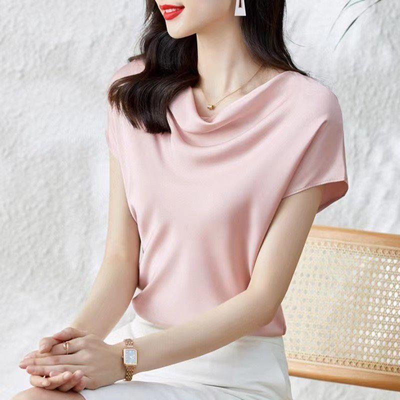 เสื้อซาตินแขนสั้นคอพับ ไซซ์ใหญ่พลัสไซซ์ ซ่อนพุง ปกป้องแขน ใส่ทำงานออฟฟิศ ผ้านิ่มใส่สบายฤดูร้อน หลายสี