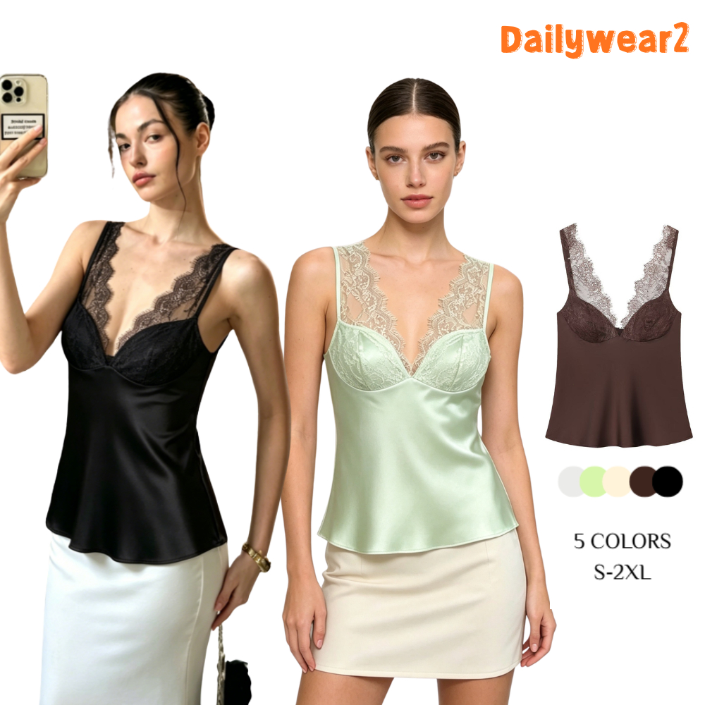 Dailywear พร้อมส่ง ✨เสื้อกล้ามสายเดี่ยวผ้าซาตินคอวี ต่อลูกไม้ ดีไซน์ไม่ธรรมดา เสื้อไร้แขนสตรี สวมภายนอก