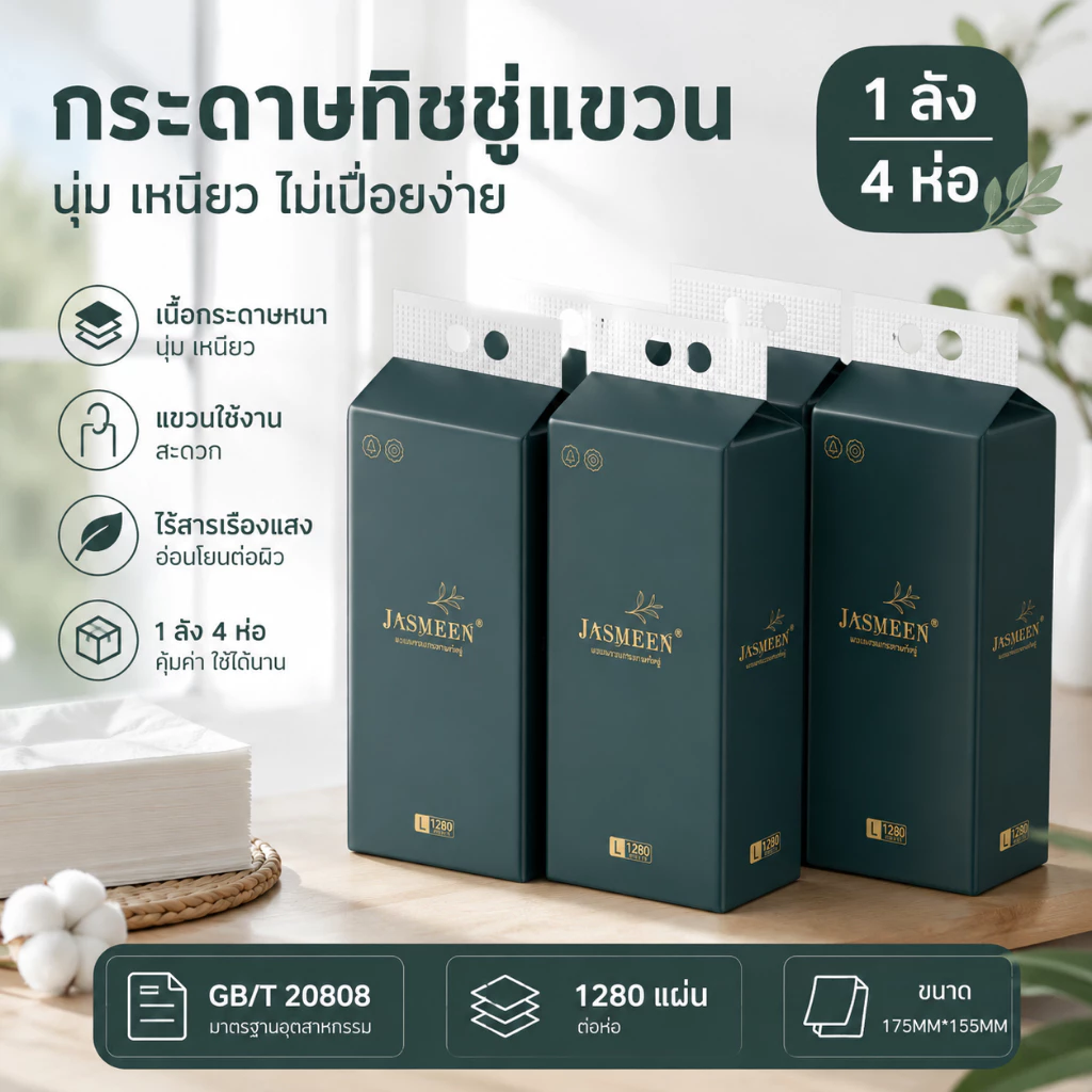 [ 1 ลัง4 ห่อ ]JASMEEN GB/T 20808 ทิชชู่แบบดึงแขวนได้ ดีลักซ์ คอมฟอร์ท กระดาษทิชชู่ หนา 4 ชั้น 1280 แผ่น