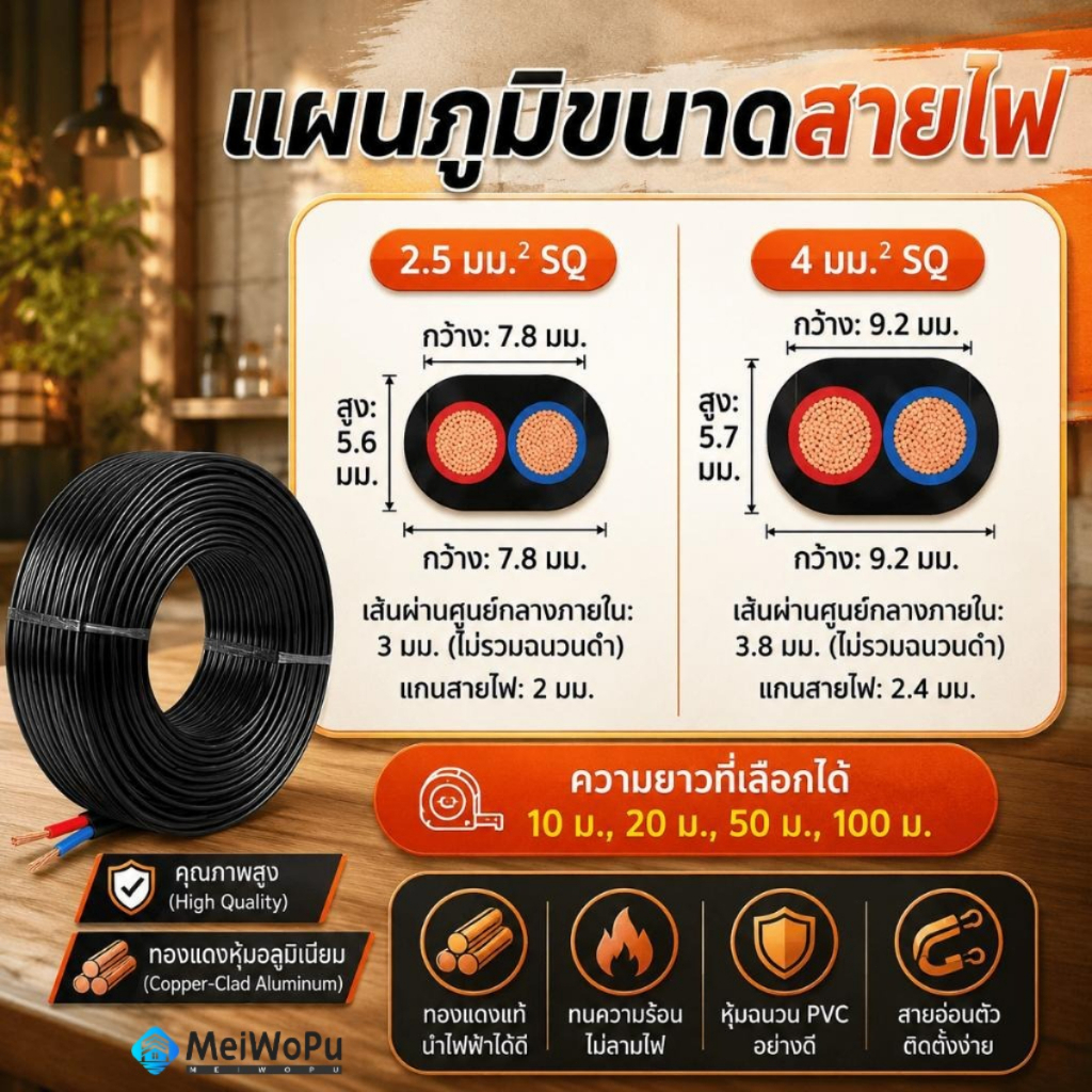 20-100 เมตร สายไฟแบนสีดำ 2 แกน RVVB ขนาด 2.5/4 ม.ม. SQ รูปที่ 2