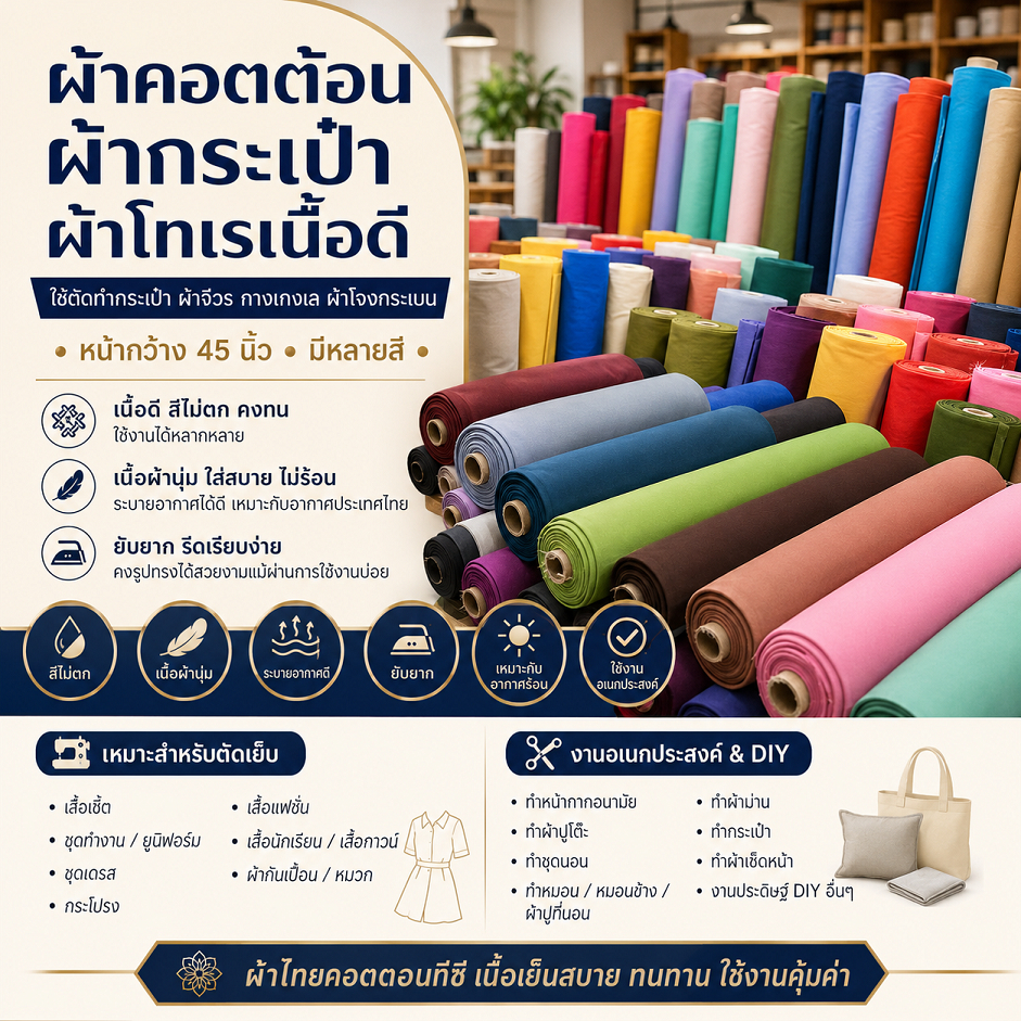 ผ้าคอตต้อนโทเร ผ้ากระเป๋า ผ้าซันบิน คอตต้อนทีซี สีพื้น มีหลายสี (ราคาต่อ 1 เมตร) หน้ากว้าง 45 นิ้ว หน่วยขายเป็นเมตร